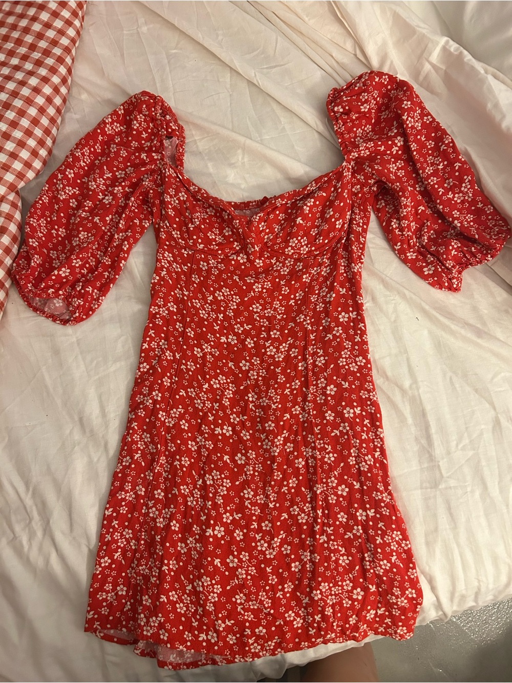 Reformation Red Floral Puff-Sleeve Mini Dress